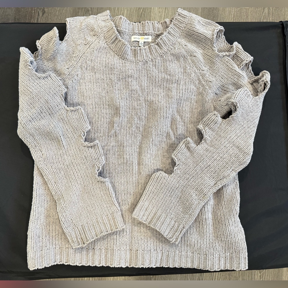 Woven Heart Gray Crew Neck Sweater with Cut Out Sleeves